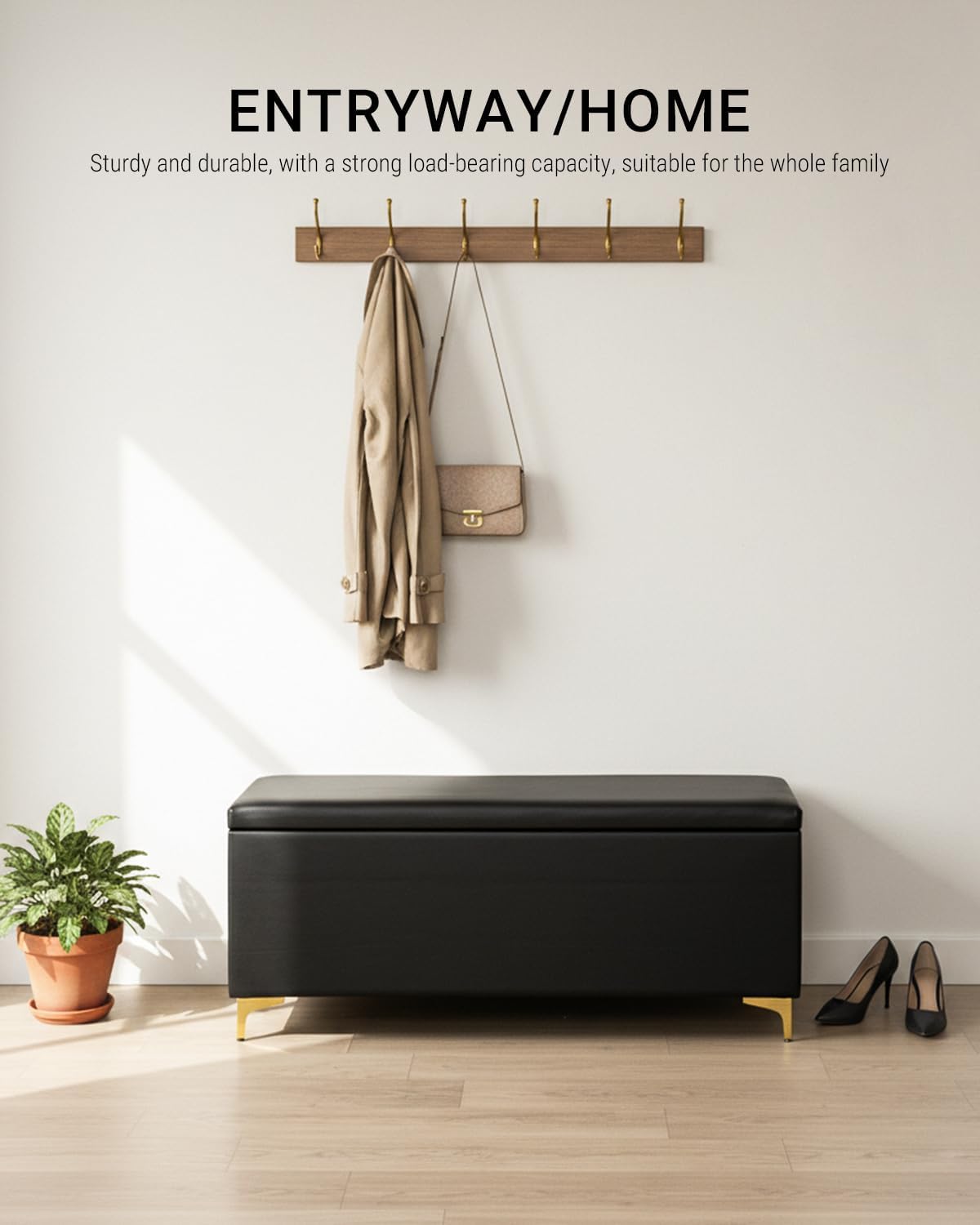 Waiting Room Bench with Storage for Salon Reception, Black Pu Leather End of Bed Ottoman & Shoe Bench for Beauty Spa Bedroom Home Entryway
