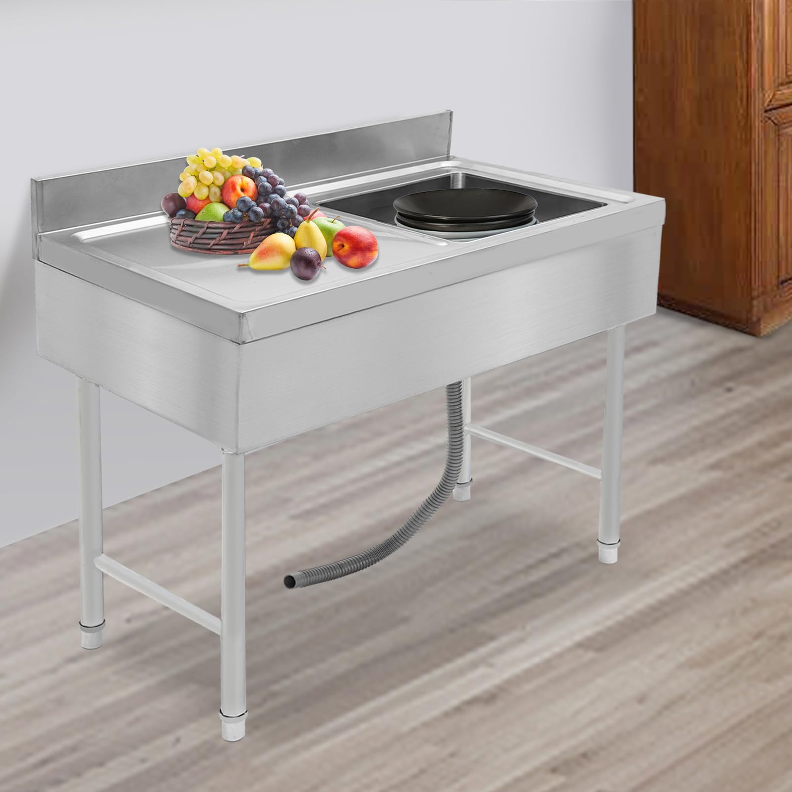 Lavabo da cucina indipendente, piano di lavoro in acciaio inox con 2 vasche senza rubinetto, scaffale a tre livelli, 100 x 50 x 80 cm