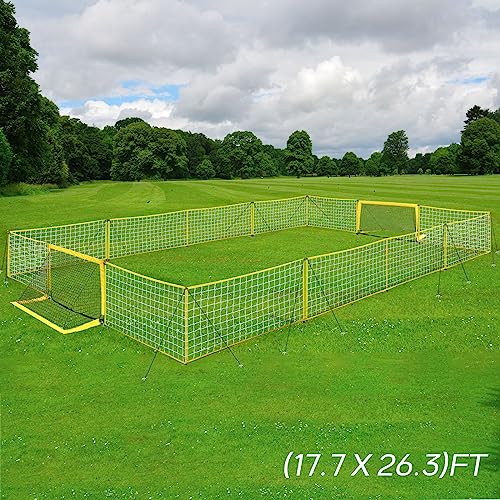 PROGOAL Portable Soccer Field Fence and Goals for Toddlers - Extendable Flexible Net Dividers to Keep Kids Safe, Ideal for Competition Training on Lawns and Fields (17.7 x 26.3 Ft, 2 Goals)