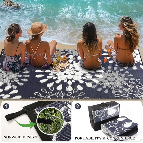 Image of Wallona Outdoor Rug 8x10 ft, Flower Blue & White | Waterproof Reversible Patio Carpet for RV, Outside Camping, Deck, Porch, Balcony, Beach