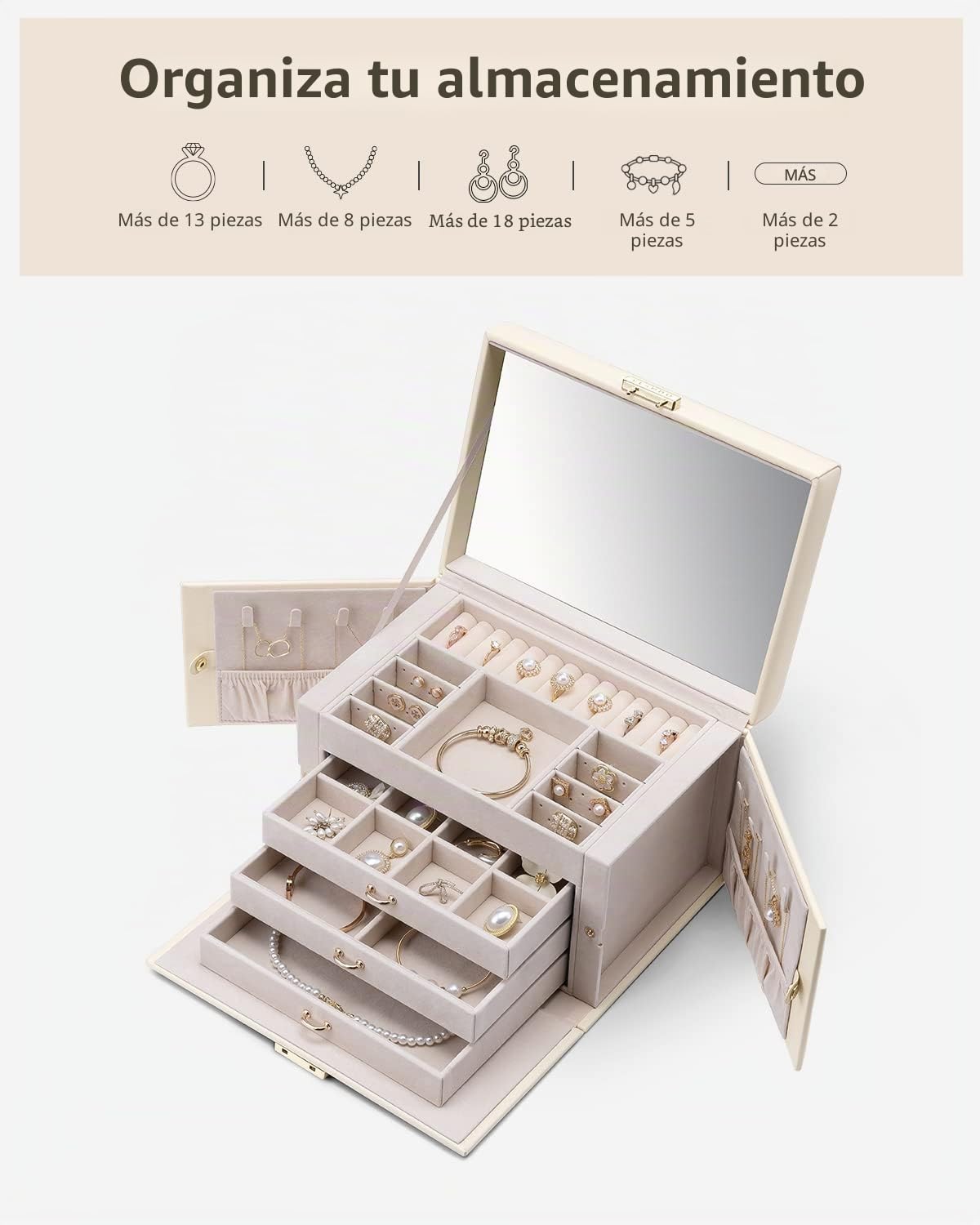Vlando Joyero grande para mujer, caja de joyería de piel sintética de alta gama, con 3 cajones, almacenamiento de joyas con cerradura, aretes, broches, organizador de relojes (blanco pricot)..