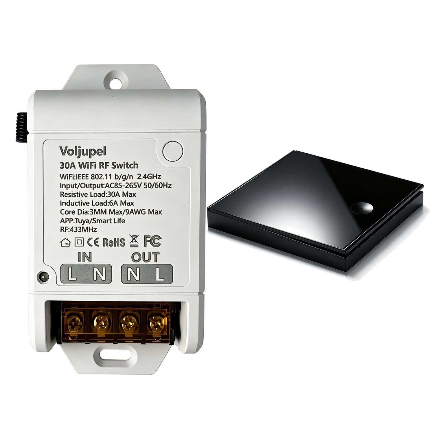 Tuya 30A High Power WiFi Smart Switch for AC Motor Water Pump wall Lights | Max 9 AWG;Inductive Load: 6A Max;Resistive Load: 30A Max;Wireless RF433 remote control