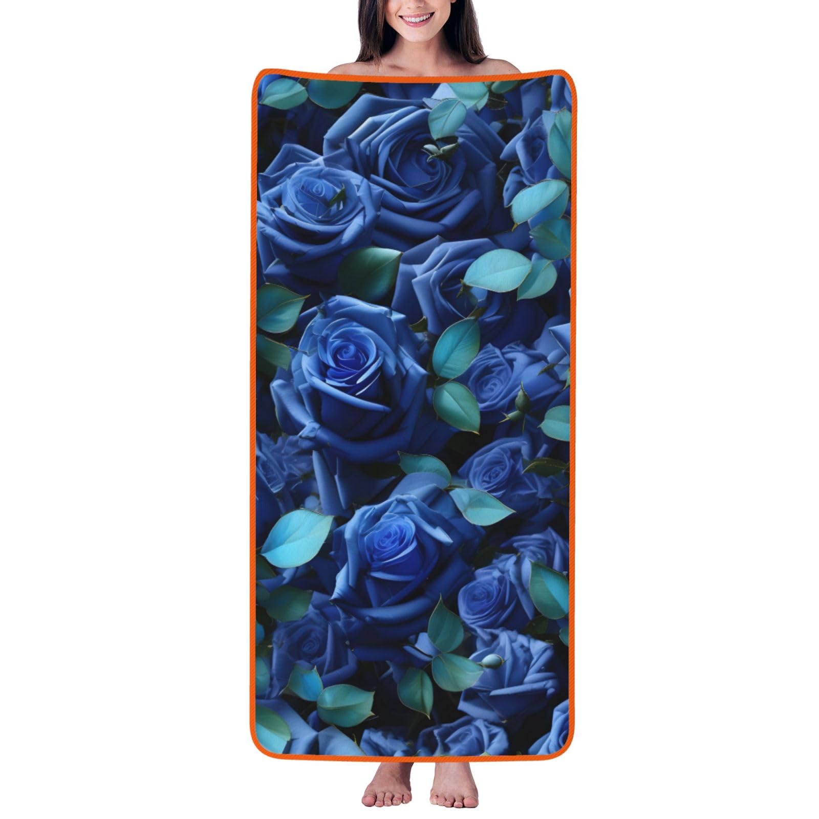 Nimongt Unisex Orange Many Blue Roses Print Lightweight Comfort Coral Velvet Bath Towel Home Bathroom Hotel Spa Beach Travel