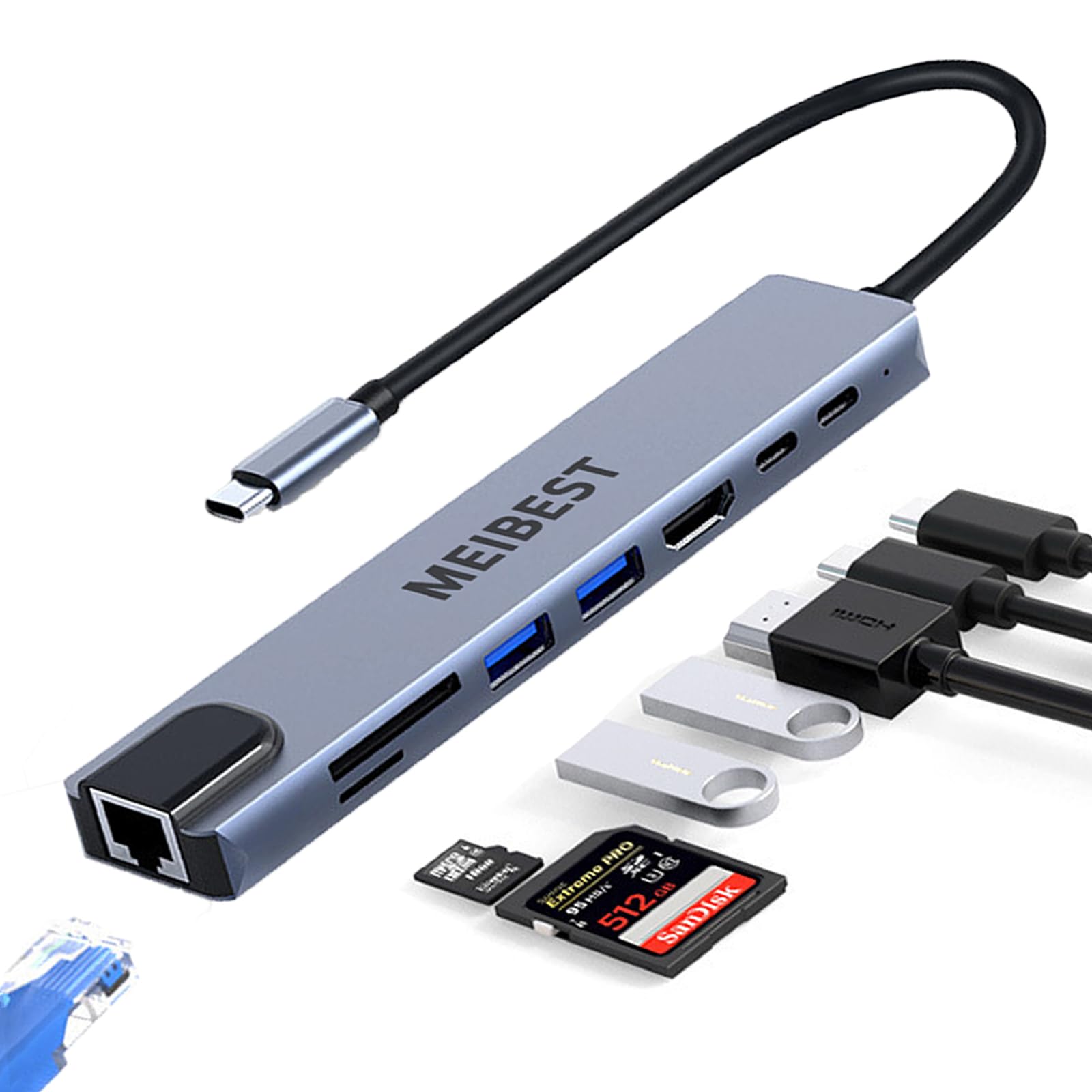 USB C Hub, MEIBEST USB C to 4K HDMI Multiport Adapter, 8 in 1 USB C Adapter Type C Dock, USB 3.0 100W PD USB Charging Hub Compatible for MacBook Pro/Air M1 2023, Dell, HP, XPS 8-IN-1