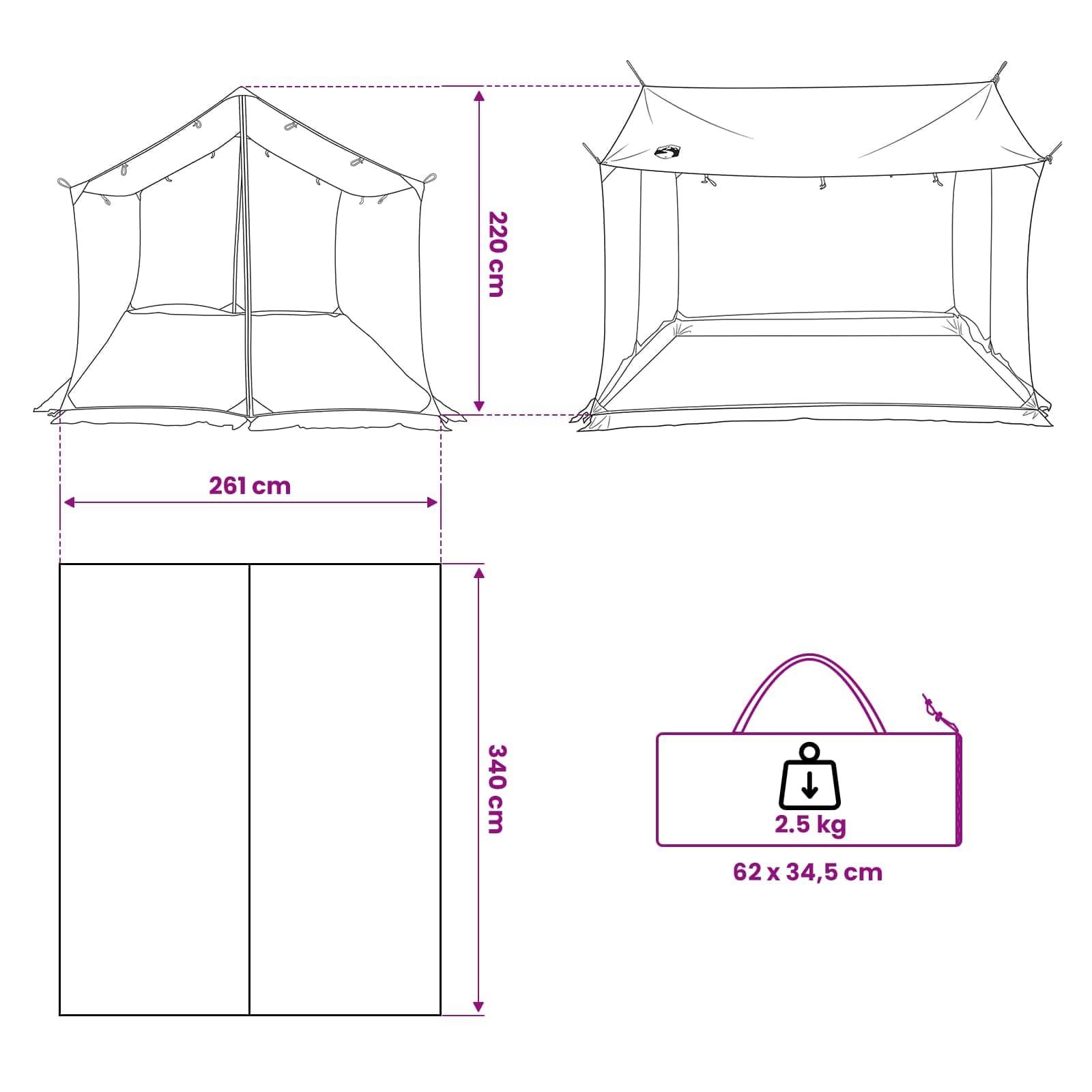 Camping-Tarp mit Netzwänden aus 185T Polyester PU, 340 x 260 x 220 cm für Camping, Wanderung, Festival, Strand, wasserdicht und UVschutz, mit Moskitonetz