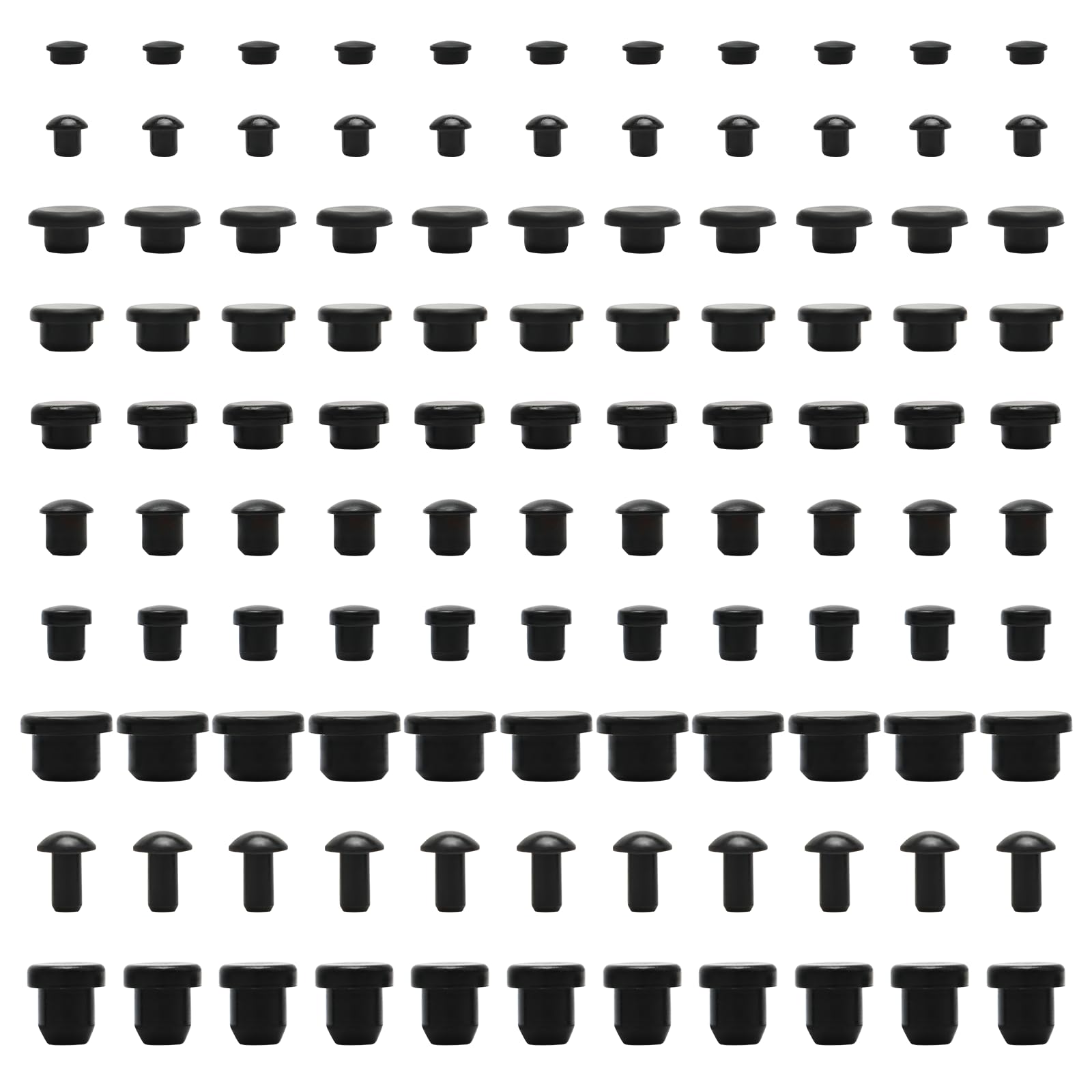 Pack of 100 Black Silicone Hole Plugs Set, 10 Sizes T Type High Temp Resistant Waterproof Rubber Bungs for Powder Coating, Furniture, Test Tubes and Auto Body