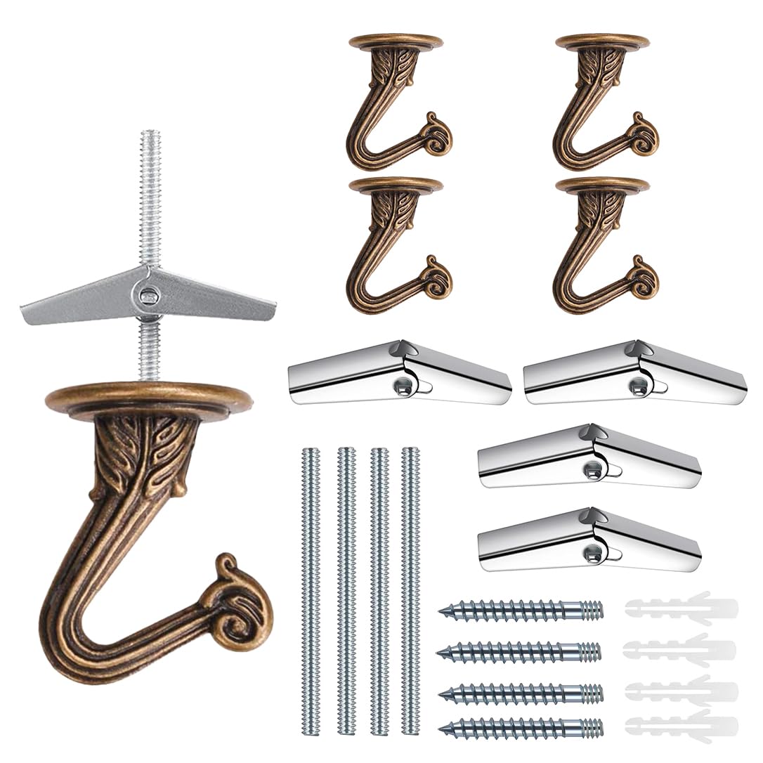 OBSTKUCHEN 4 Sets Swag Ceiling Hooks Heavy Duty Swag Hook with Hardware for Hanging Plants Ceiling Installation Cavity Wall Fixing (4, Antique Brass)
