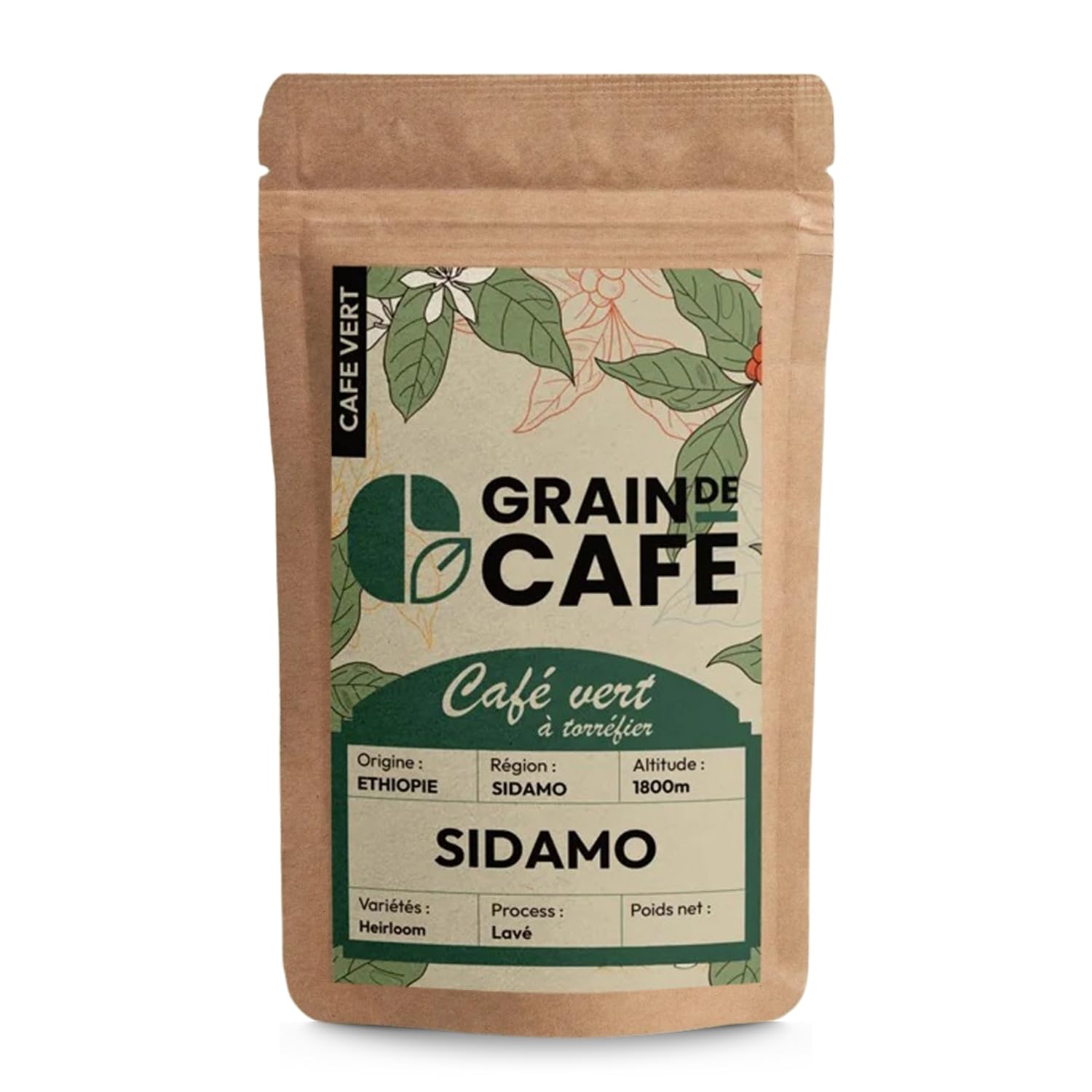 Graindecafé – Café Vert Éthiopie Moka Sidamo 1kg | 100% Arabica Lavé Non Torréfié | Café De Terroir Floral Et Citronné | À Torréfier Soi-Même | Idéal Machine À Grain Une Fois Torréfié