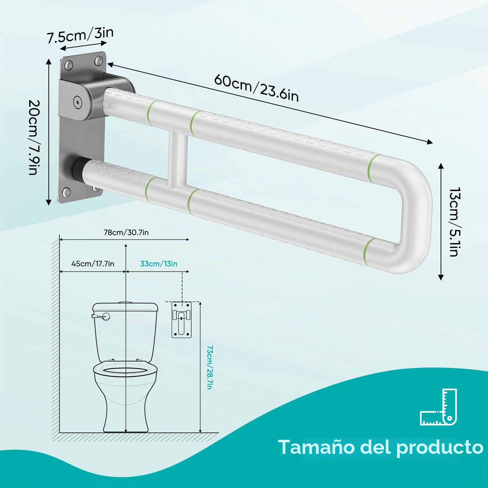 Barra Baño Minusvalido, 60cm Soporte Minusvalidos Baño, Soporta de 150KG, Asidero WC, Barra de seguridad Baño para Ancianos,Embarazadas y Discapacitados