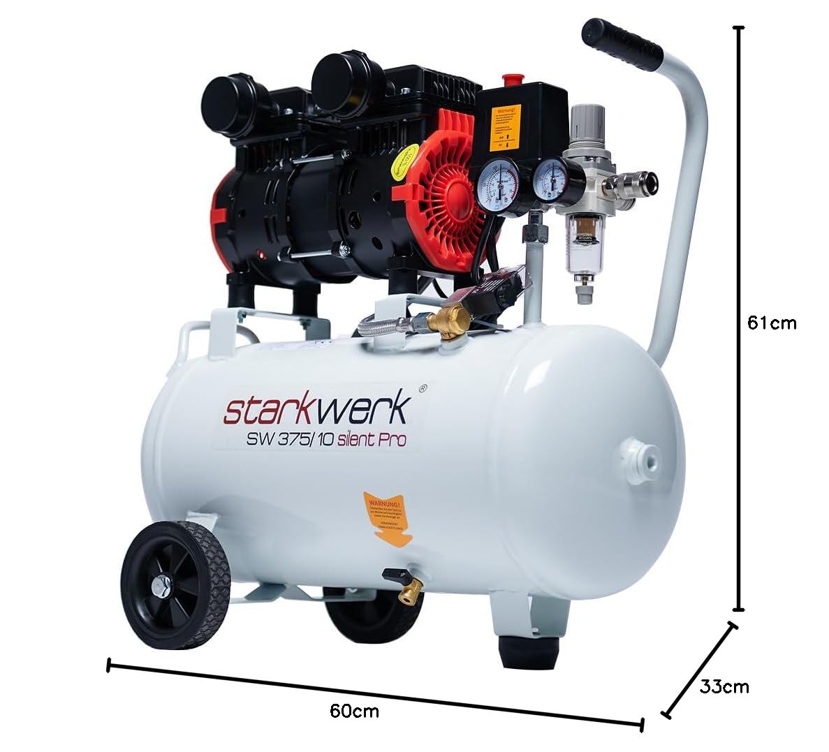 Starkwerk Flüsterkompressor Kompressor Druckluftkompressor Silent 69 dB SW 375/10 Pro 1100 Watt 10 Bar 24 Liter Kessel inklusive Druckminderer und Wasserabscheider
