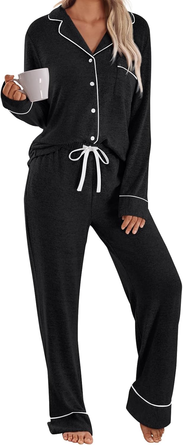 LILLUSORY Women's Long Sleeve Pajama Set - Soft Button-Down Top & Comfortable Drawstring Pants with Pockets