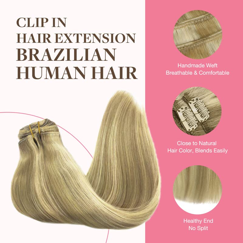 Image of GOO GOO Clip in Hair Extensions Real Human Hair, Remy Human Hair Extensions Clip ins for Women, Natural Human Hair, 16inch 150g 9Pcs, 16 /22 Light Blonde Highlighted Golden Blonde