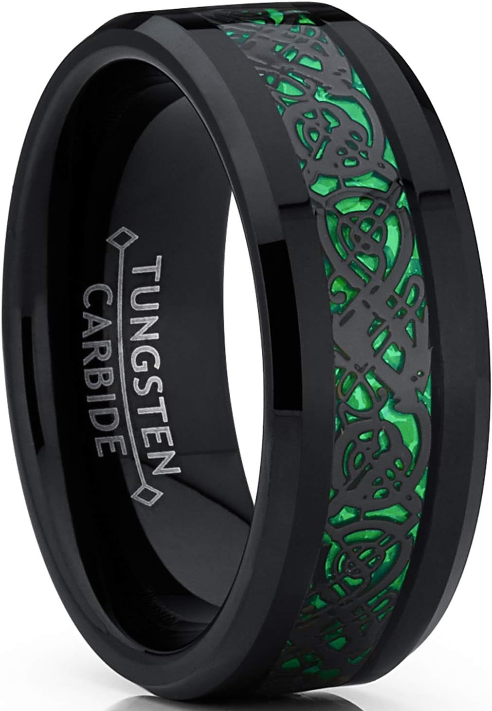 Metal Masters Men's Co. Black Tungsten Carbide Dragon Ring Wedding Band Green Carbon Fiber Comfort Fit 8mm
