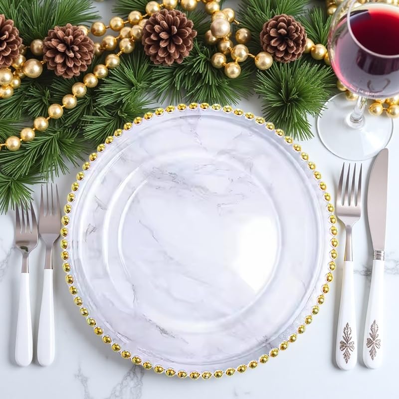 13” Acrylic Round Charger Plates set of 12,Elegant gold beaded charger plates for Weddings, Parties, Banquets & Home Dining Table Decor,12pcs