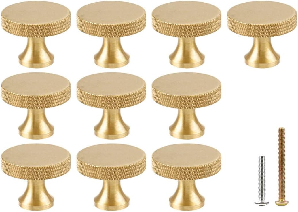 RZDEAL 1.18 Inch Round Gold Knobs for Dresser Knurled Drawer Handles Pulls Solid Brass Cabinet Knobs,10 Pack