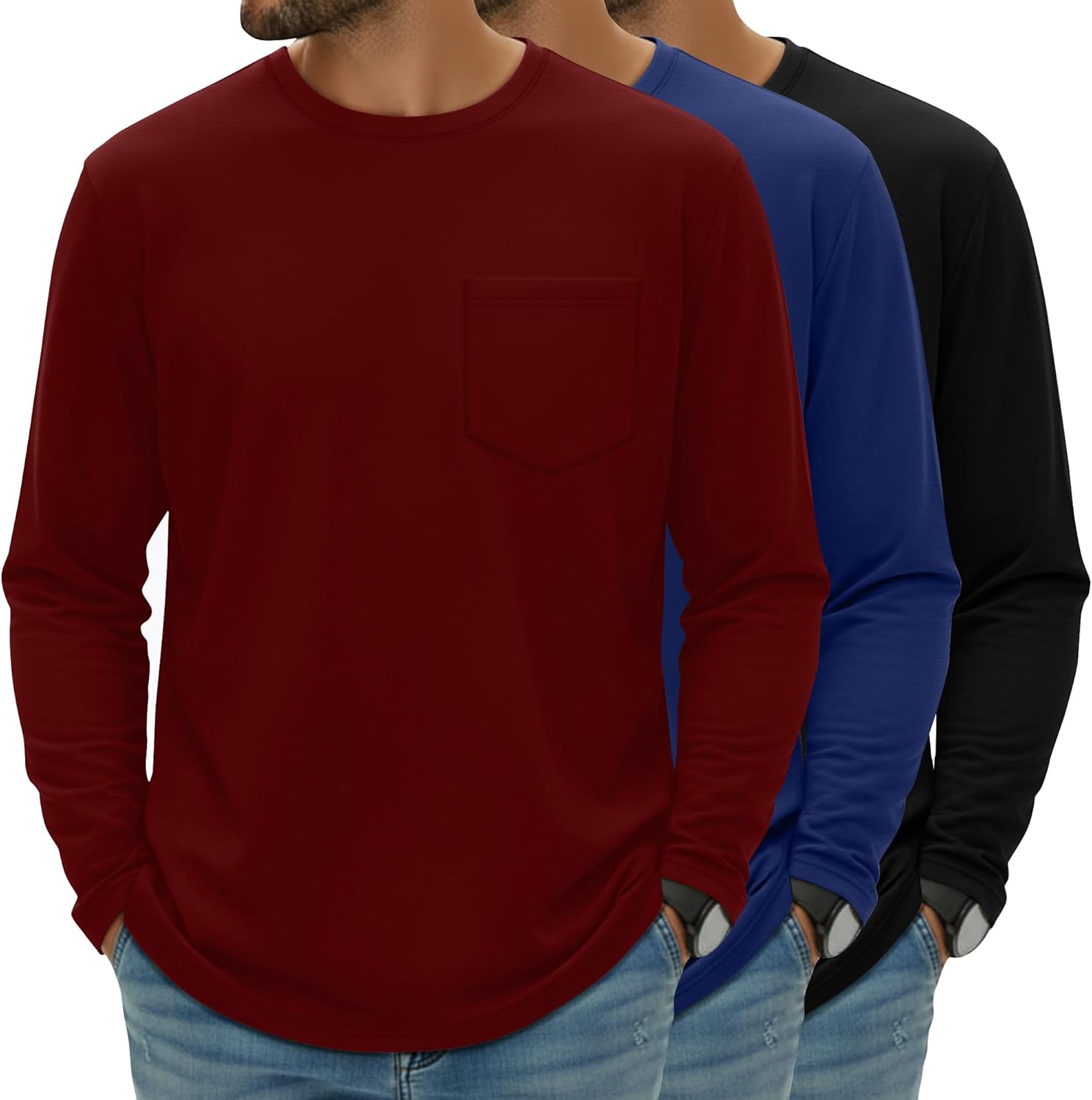 Huukeay 3 Pack Men’s Big and Tall Shirts, Long Sleeve Crew Neck Pocket Tops Casual Loose Fit T-Shirts Lightweight Basic Tee