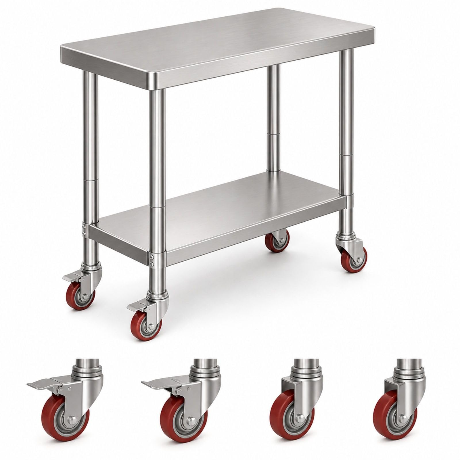 Table de Travail en Acier Inoxydable avec roulettes et Pieds réglables pour Cuisine et Atelier