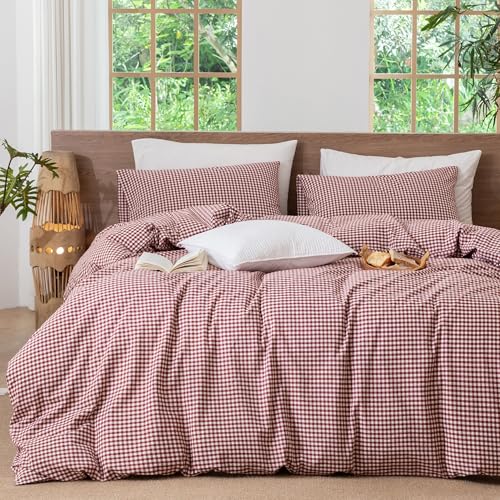 Image of MooMee Gingham Duvet Cover Set 100% Washed Cotton Linen Like King | Relaxed Linen-like Texture. Soft, Breathable & Long-lasting Comfort. Lightweight. Hidden Zipper with 8 Interior Corner Ties