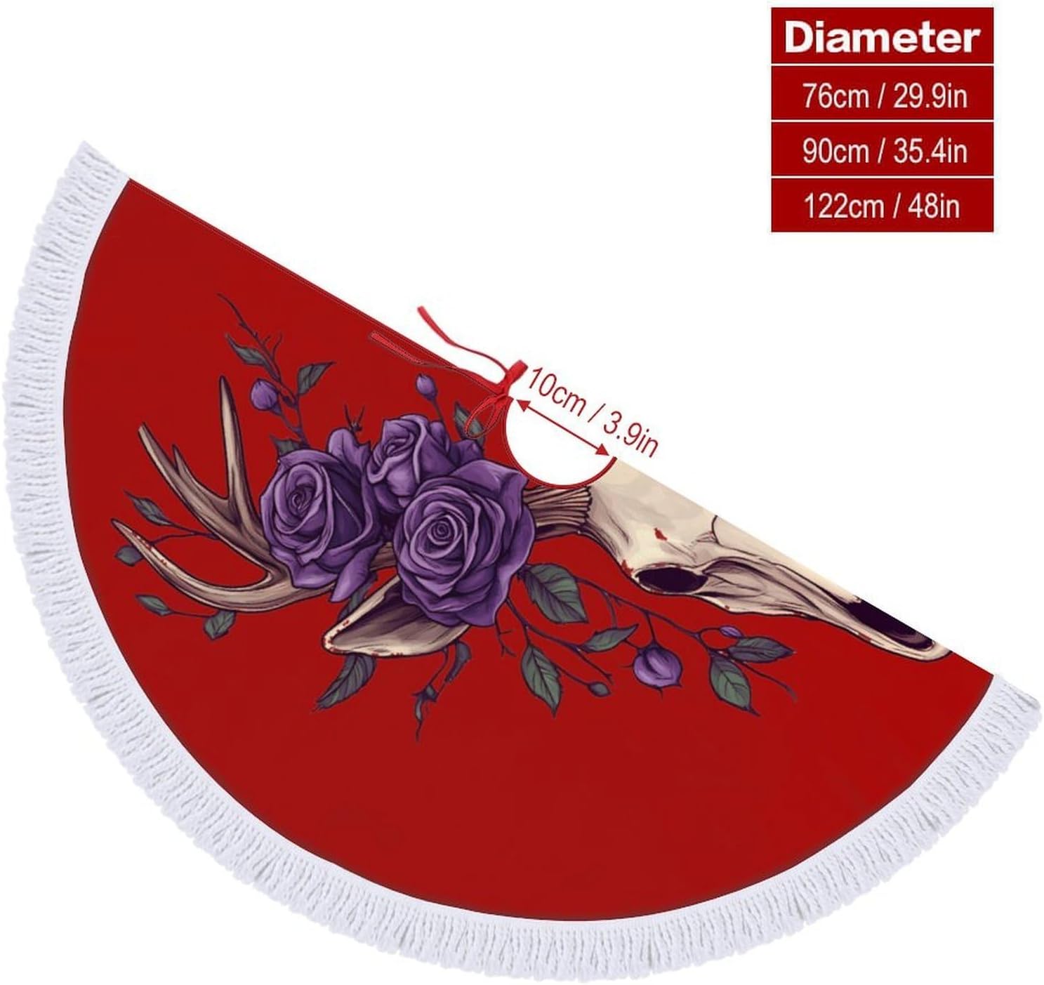 Deer Animal Skull with Floral Christmas Tree Skirt Round Xmas Tree Mat Ornaments Tree Skirts with Tassels for Holiday Party