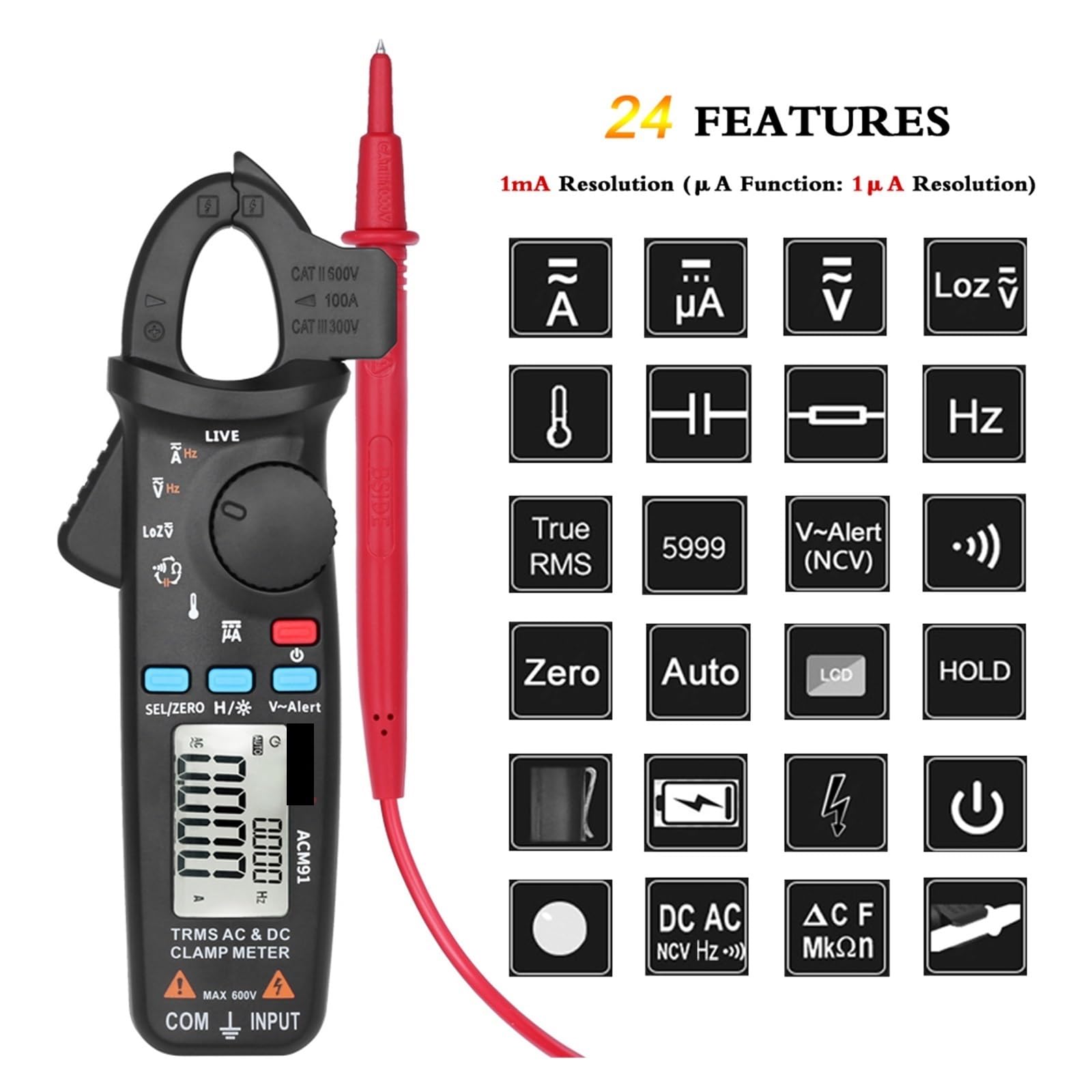 Pinza amperimétrica digital, Medidor De Pinza Digital Profesional, Amperímetro Precisión 1mA, Abrazadera DC AC 100A, Multímetro, Probador Voltaje Reparación Automática(ACM91Black and T1101)