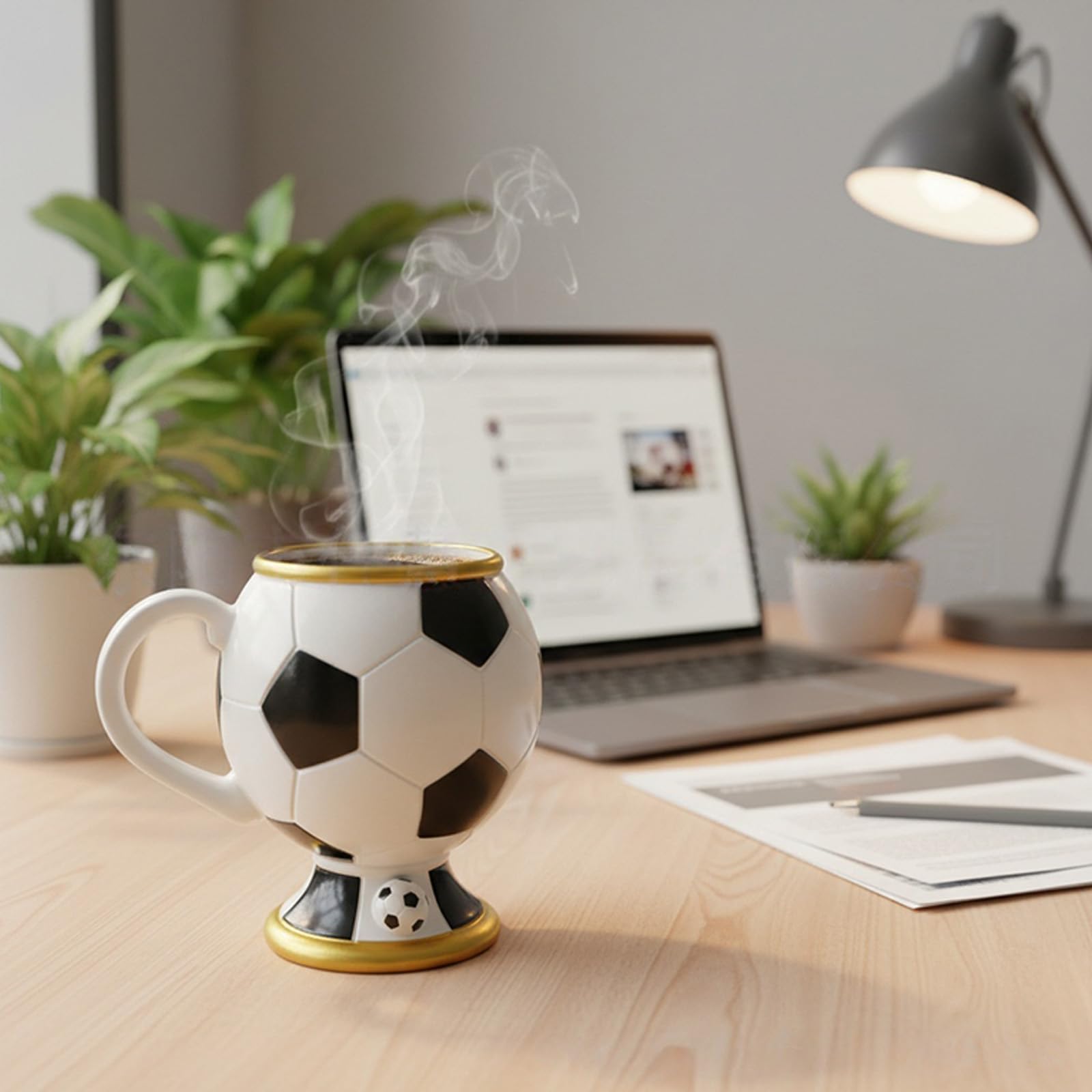 Taza térmica deportiva con forma de balón de fútbol, perfecta para oficinas y uso doméstico, taza interior de acero inoxidable, taza deportiva de resina con mango ergonómico y acero inoxidable