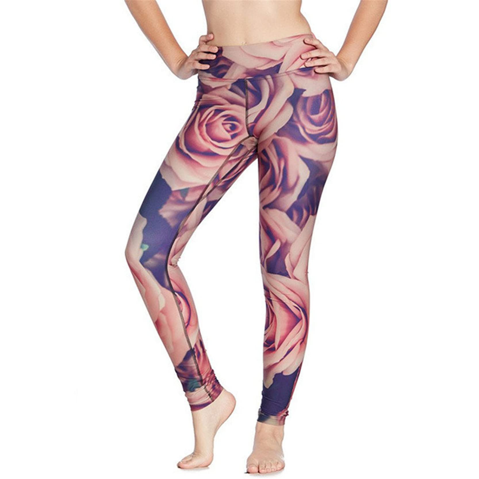 Legginsy damskie Push Up, Women Rose Flower Prints Yoga Pants High Waist Butt Lift Skinny Workout Leggings Quick Dry Sports Tights 7/8 Length Trousers rozciągliwe sportowe legginsy do jogi (Color : P