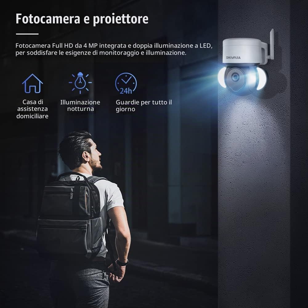SHIWOJIA Telecamera Wi-Fi Esterno, Floodlight Cam 2.5K 5MP Videocamera di Sorveglianza, Audio Bidirezionale, Visione Notturna, Compatibile con Alexa