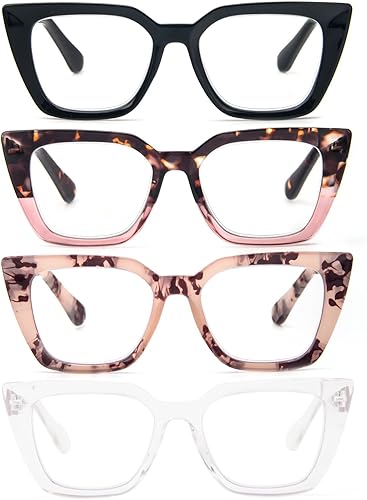 MMOWW Gafas de lectura cuadradas de gran tamaño, a la moda, con bloqueo de luz azul, para lectura de computadora para mujeres, paquete de 3
