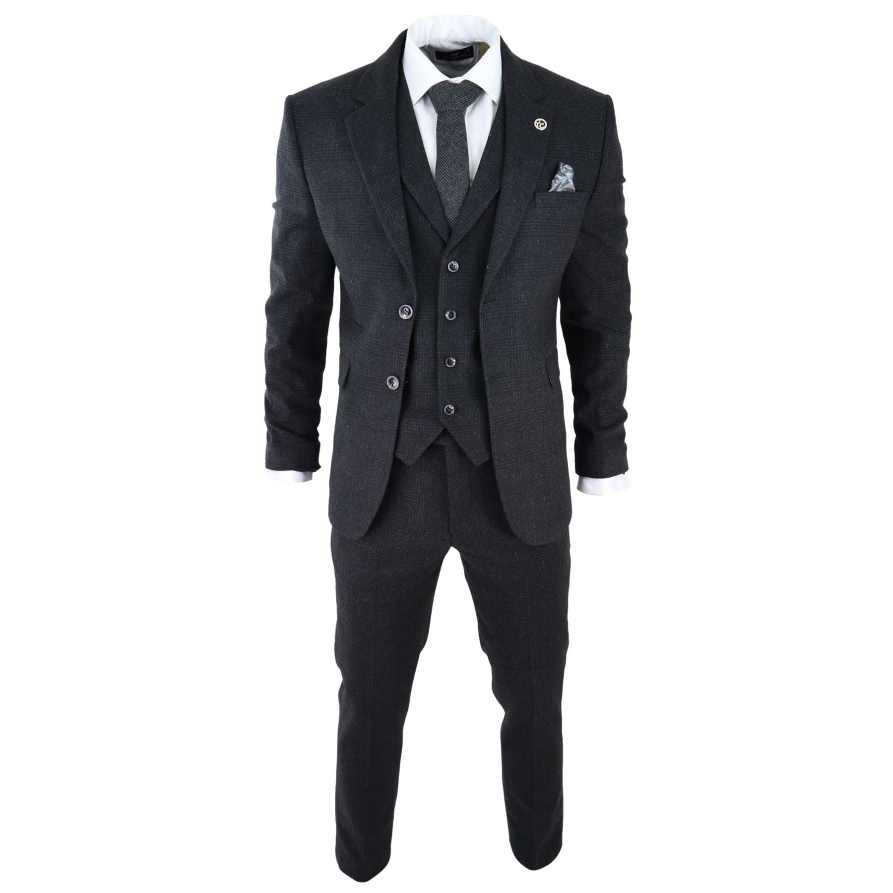 Truclothing Men's Black Tweed 3 Piece Suit Check Vintage 1920S Gatsby Blinders Tailored Fit - 50