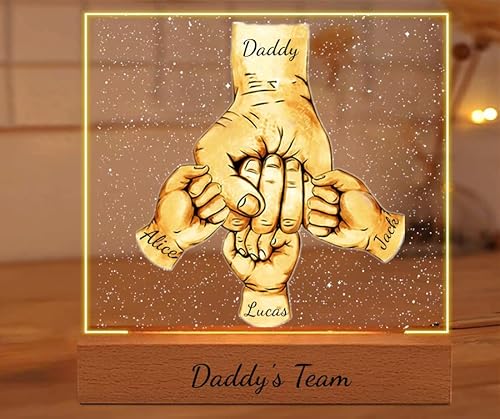 Ozinna Personalisiertes Daddy's Team Fauststoß-Nachtlicht, benutzerdefinierte Acryl-LED-Fauststoßung mit Kindernamen, Lampe für Vatertag, Weihnachten, Geburtstag, Geschenke für Papa, Opa, Ehemann