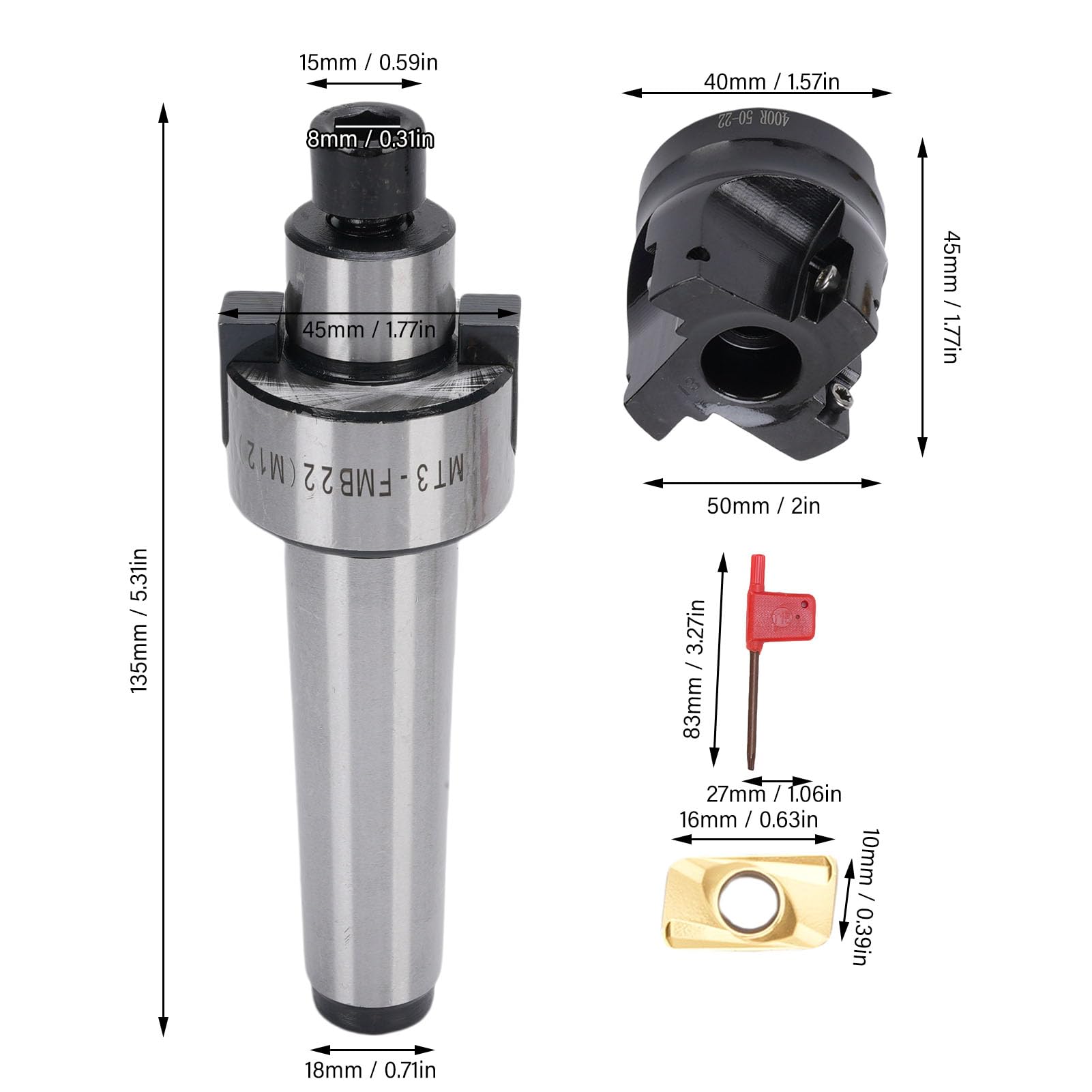 Generic 400R 50 22 Set di Frese con Inserti in Metallo Duro, Supporto MT3-FMB22, Fresa per Spianatura Indicizzabile Ad Alta velocità, per Macchine Utensili CNC, Alesatrici, Piccole Macchine Utensili