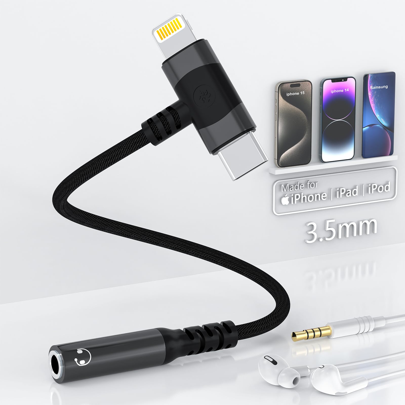 Lightning and USB C to 3.5mm Audio Adapter iphone Headphone Adapter 2-IN-1 iphone Aux adapter for Headphone Jack, Aux to USB C and Lightning Adapter for iPhone 15 14 13 ipad, Sanmsung, Pixel - Black