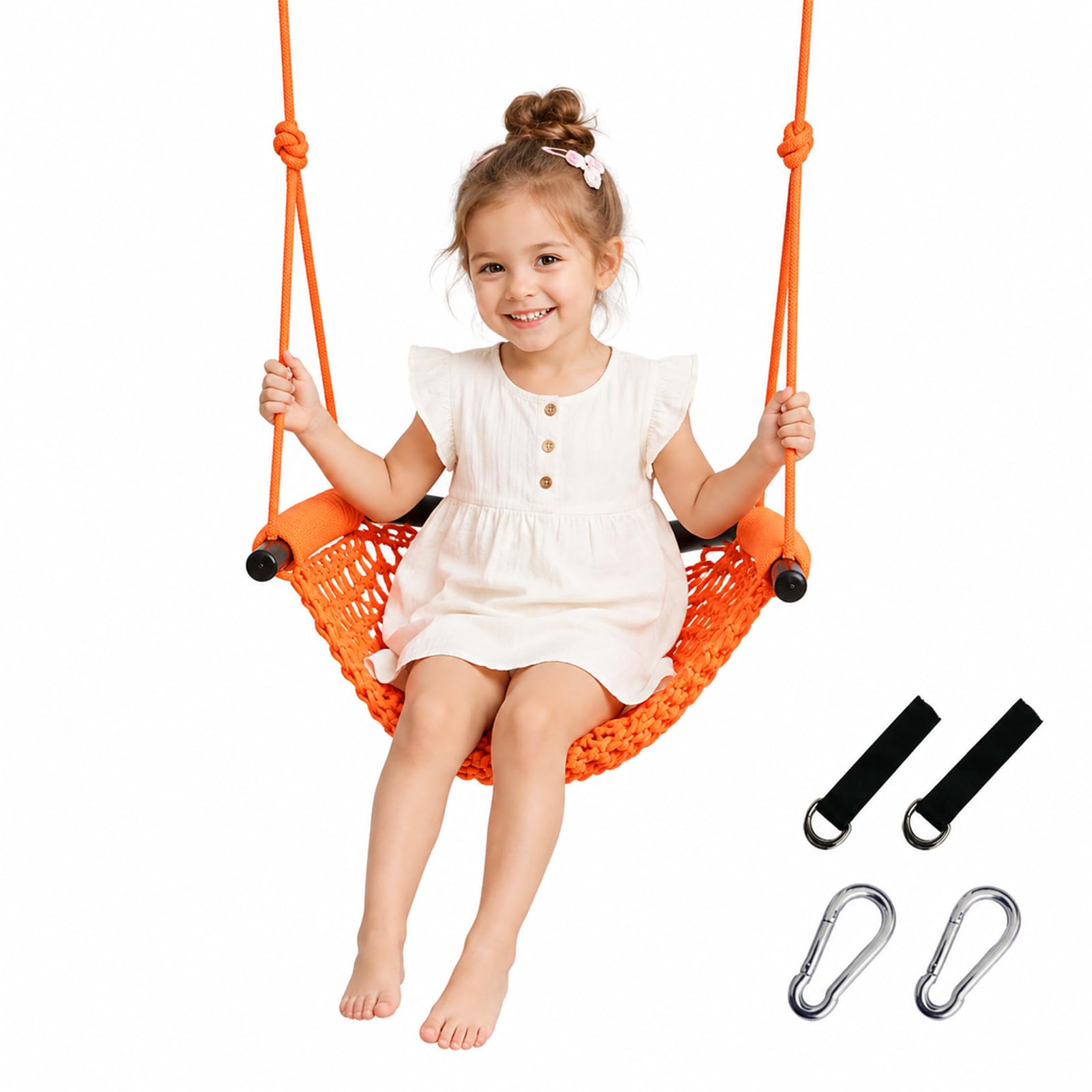 Kids Swing Seat, Hand-Knitted Rope Swing with Adjustable Ropes, Orange