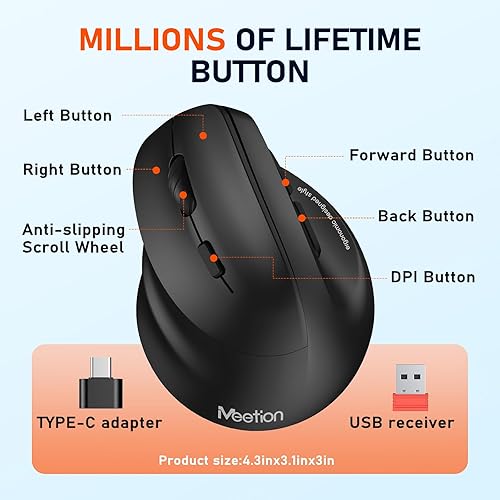Miniatura 5 de MEETION Ratón ergonómico para zurdos, mouse inalámbrico vertical RGB recargable, Bluetooth (5.2 + 3.0) y USB-A con adaptador USB-C, 4 ratones DPI