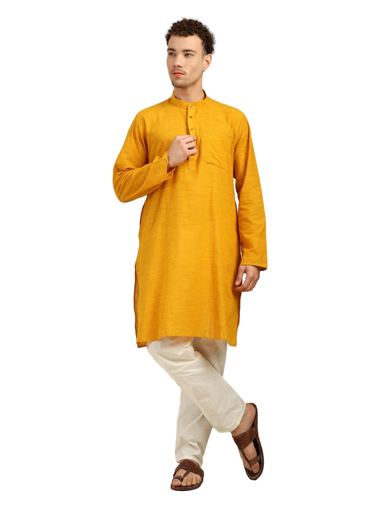 Men's Kurta Pajama Set, 100% Cotton, Solid Long Kurta with White Pajama Pants, Traditional Indian Ethnic Outfit for Wedding, mustard yellow, XL