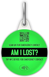 "Am I Lost?" Emergency Contact Lost Child ID Clip Tag For Kids & Vulnerable Adults - NFC RFID - Emergency Contact Card Keyring Pin Button Badge Sign - Scan QR Code - Custom Customised - Neon Green