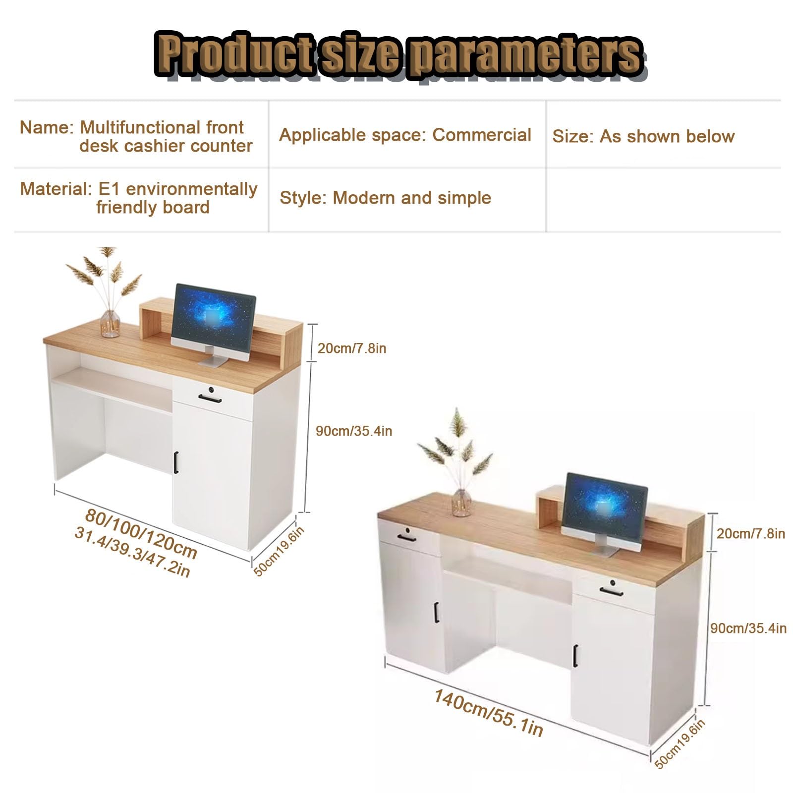Tavolo da ufficio moderno in legno da 140 cm, per ingresso, salone di bellezza, negozio di abbigliamento, bancone di benvenuto Ele e soluzione di vendita per aziende