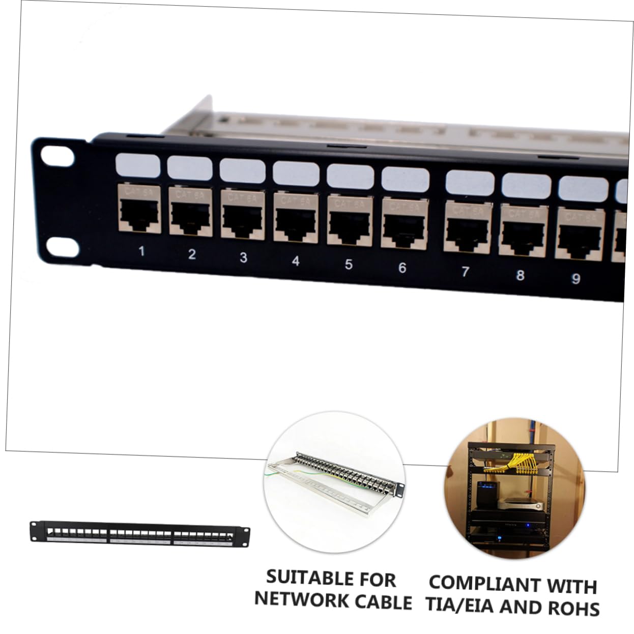 Patch Panel 19 Pollici 24 Porte in Metallo Nero per Rack | Compatibile Cat 3, Cat 5e, Cat 6, Cat 6a e Cat 7, Moduli 90°/180° e Connessione Diretta
