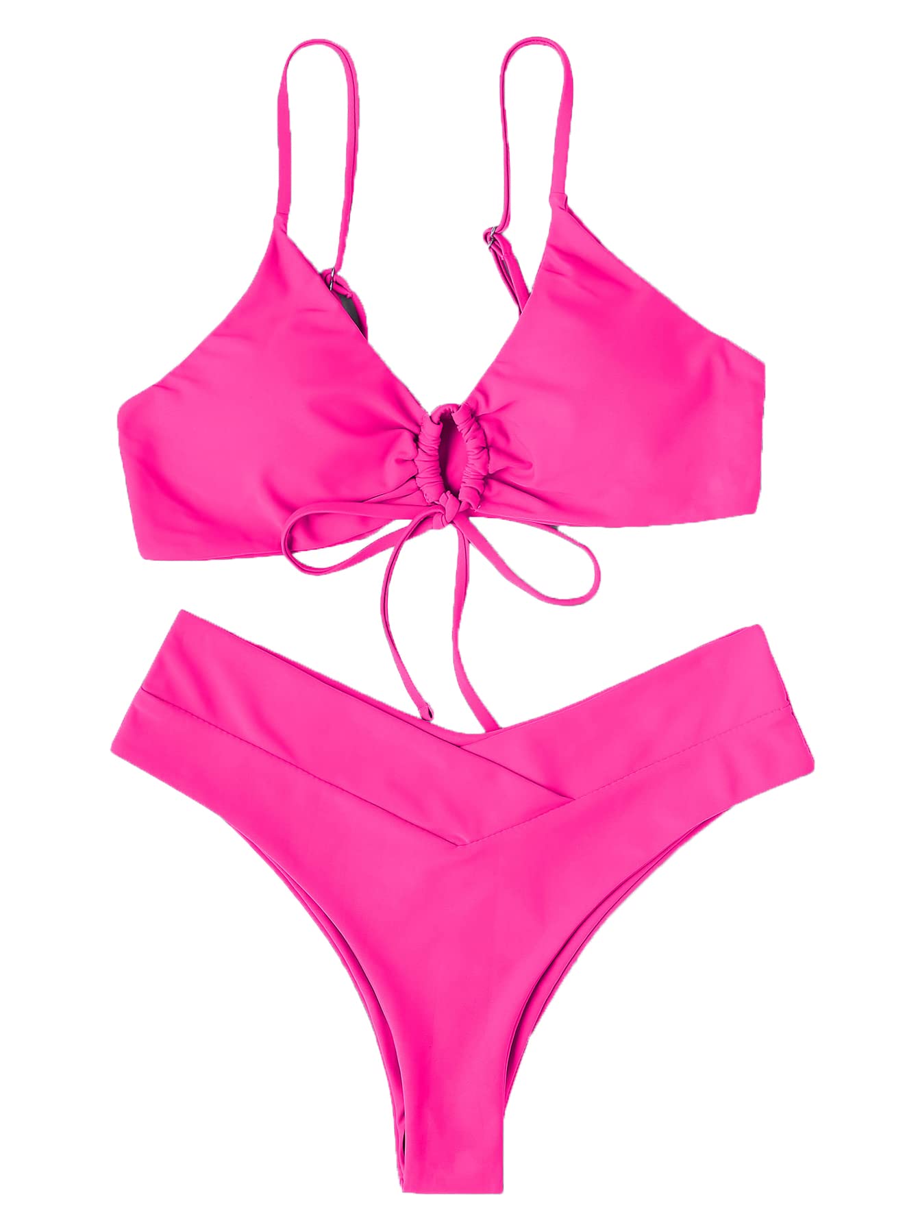 Meetall Hot Pink High Cut Triangle Bikini Set Swimsuits for Women Sexy Cheeky String Brazilian Bathing Suits Two Piece Size L