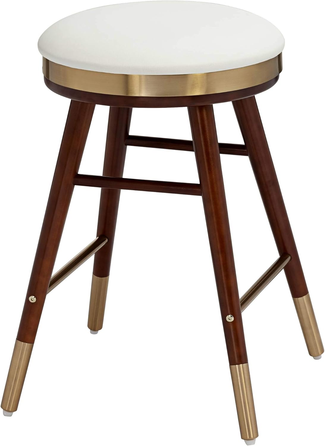 Studio 55D Parker Walnut Wood Metal Bar Stool Brown Gold 26" High Modern White Genuine Leather Upholstered Round Seat Cushion with Footrest for Kitchen Counter Height Island Home Shed