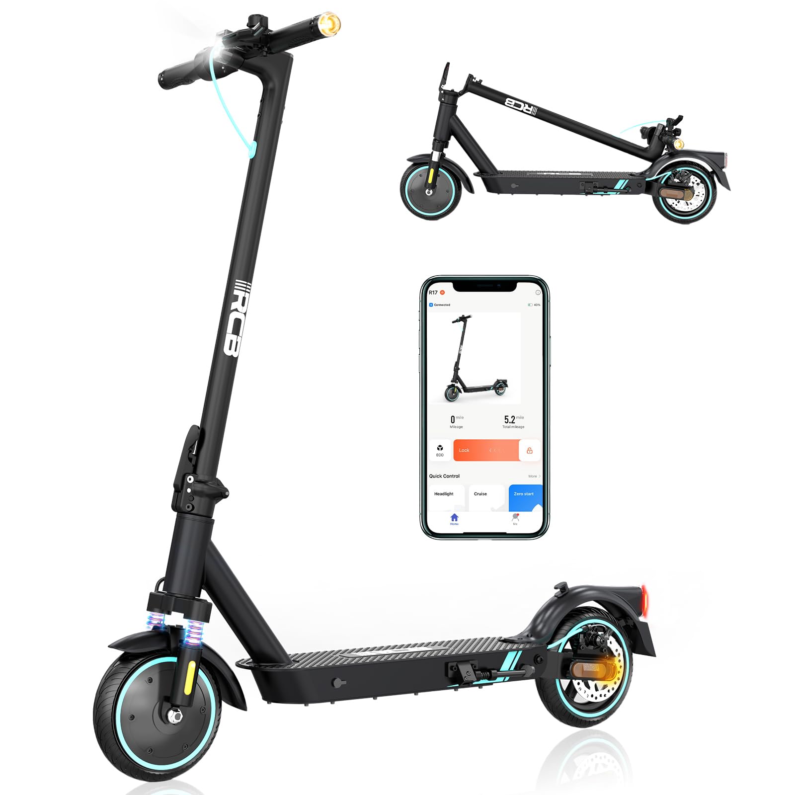 RCB R17 Trottinette Électrique, Jusqu'à 25 km/h, Pneus Solides 8.5'', Contrôle APP, Charge Max 120 kg, Double Frein, Double Amortisseurs, Poids 15 kg, pour Adultes et Adolescents