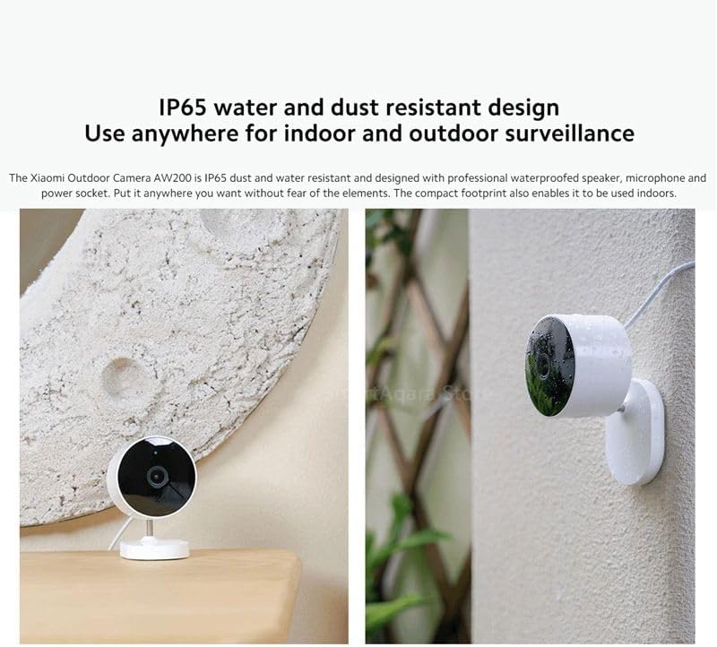 Xiaomi Outdoor Camera AW200 showing IP65 water and dust resistance in indoor and outdoor settings