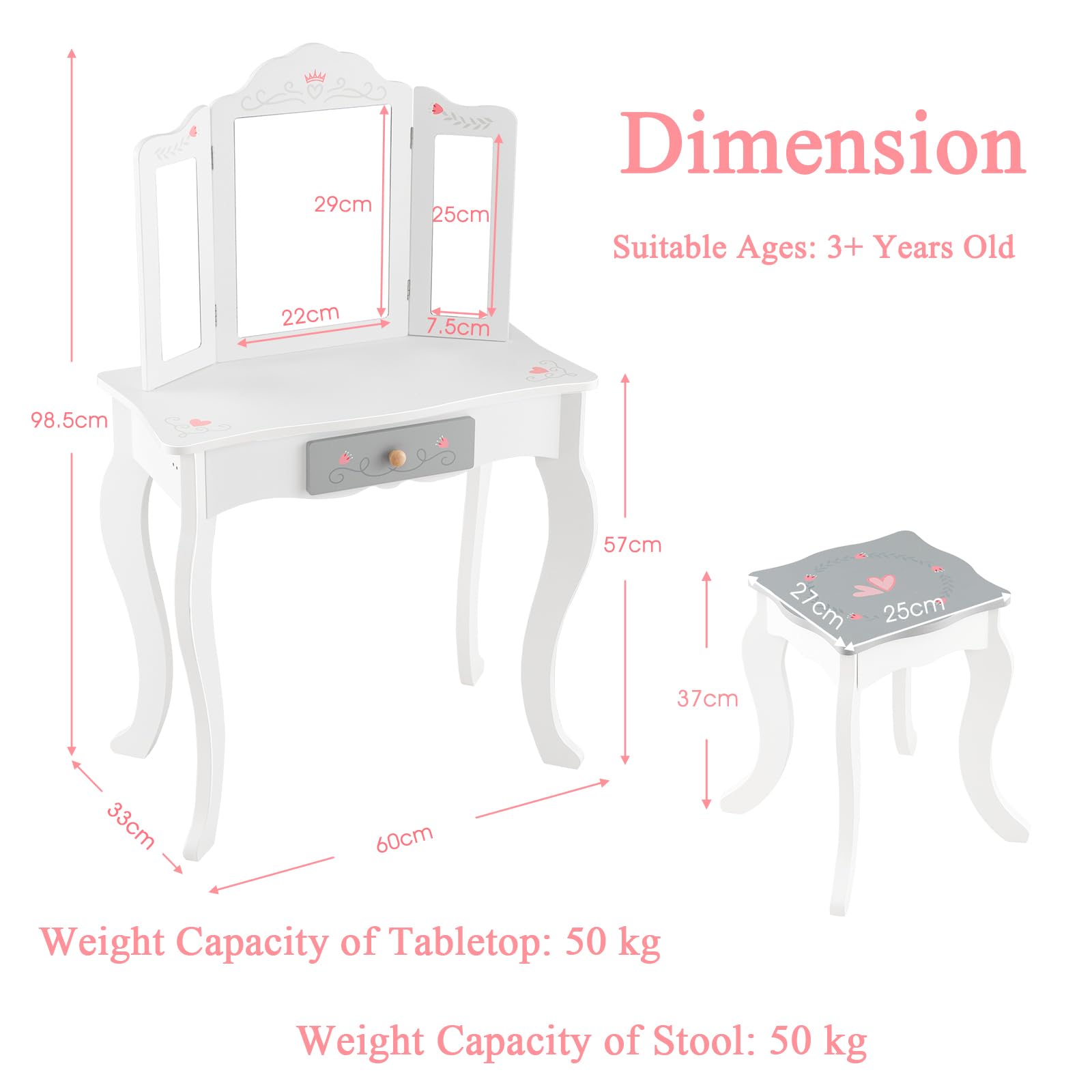 LIFEZEAL 2 in 1 Toeletta con Specchio Rimovibile e Sgabello per Bambini, Tavolo da Trucco in Legno con 10 Giocattoli per Ragazze di 3+ Anni, Portata di 50 kg, Rosa e Bianco (Specchio Triplo)