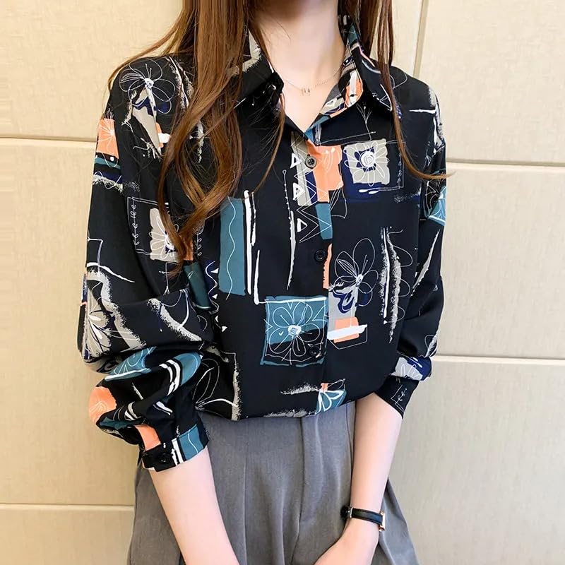 Image of ROYALICA Women's Short Sleeve Drop Shoulder Collared Blouse Button Down Graphic Print Blouse Shirts Top