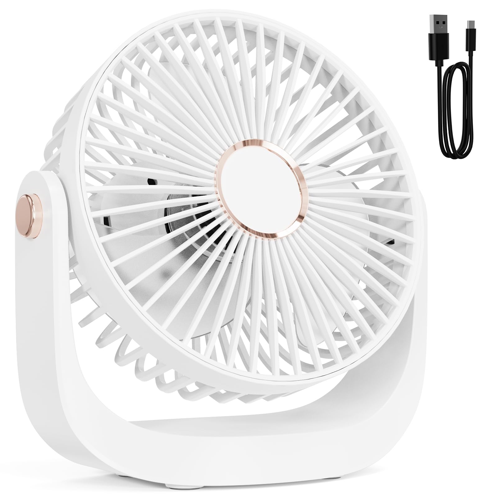 Ventilateur de Table, Ventilateur Silencieux Rechargeable USB, 5 Vitesses avec Veilleuse, Réglable à 360 °, 3000mAh Batterie Pour Maison, Bureau, Extérieur, Cuisine, Camping, Blanc
