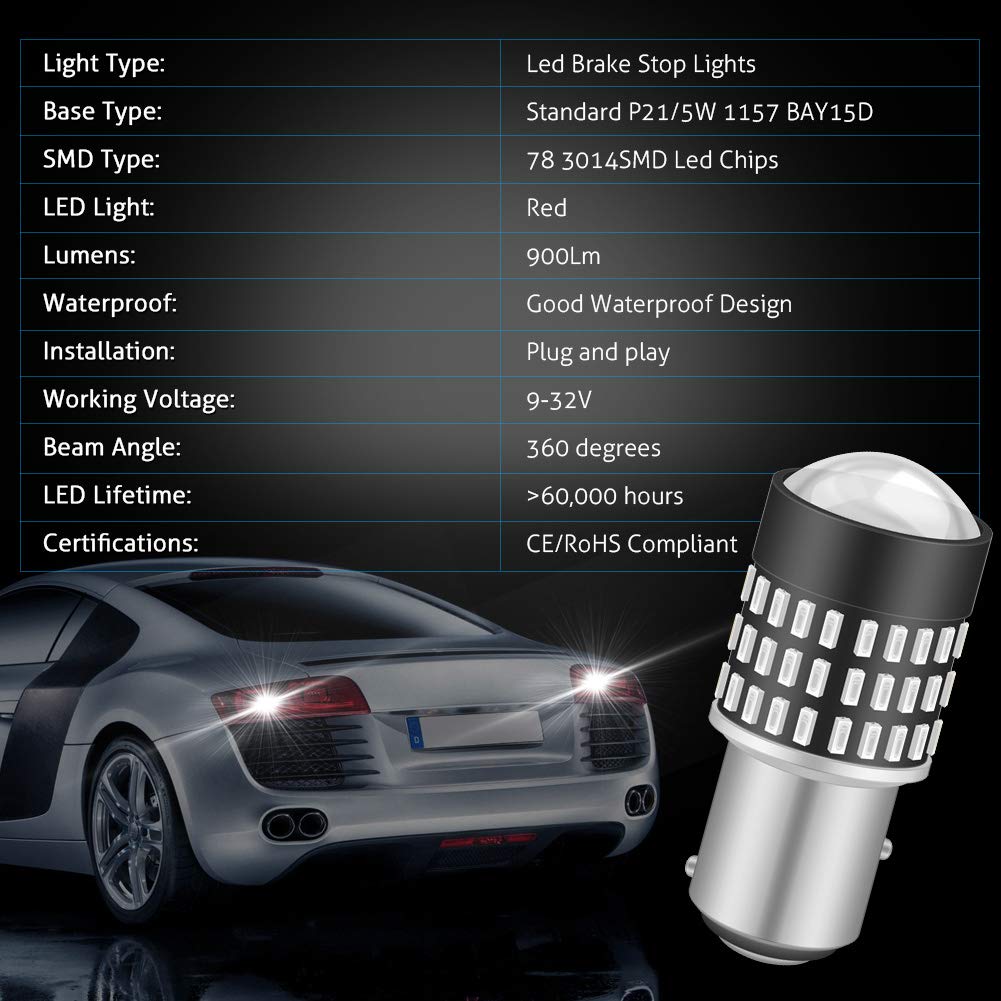 KATUR 1157 BAY15D 1016 1034 7528 żarówka LED 900 lumenów 3014 78SMD żarówki LED do kierunkowskazu hamowania, cofania cofania, lampa światła cofania, błyszcząca czerwień (opakowanie 10 szt.)