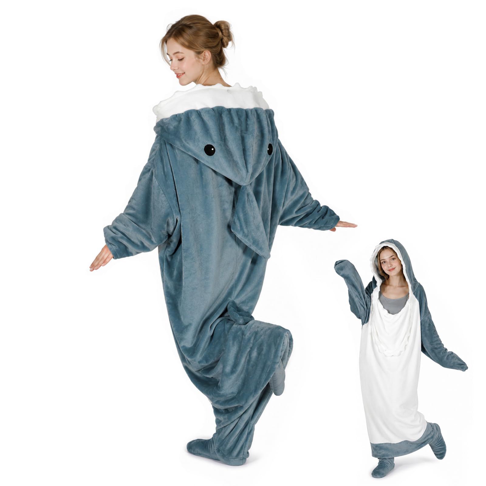 Hai Kostüm Hai Decke – Marshmallow Decke mit Kapuze, Weicher Flanell Onesie Schlafsack Tragbare Decke für Erwachsene Kinder - XL