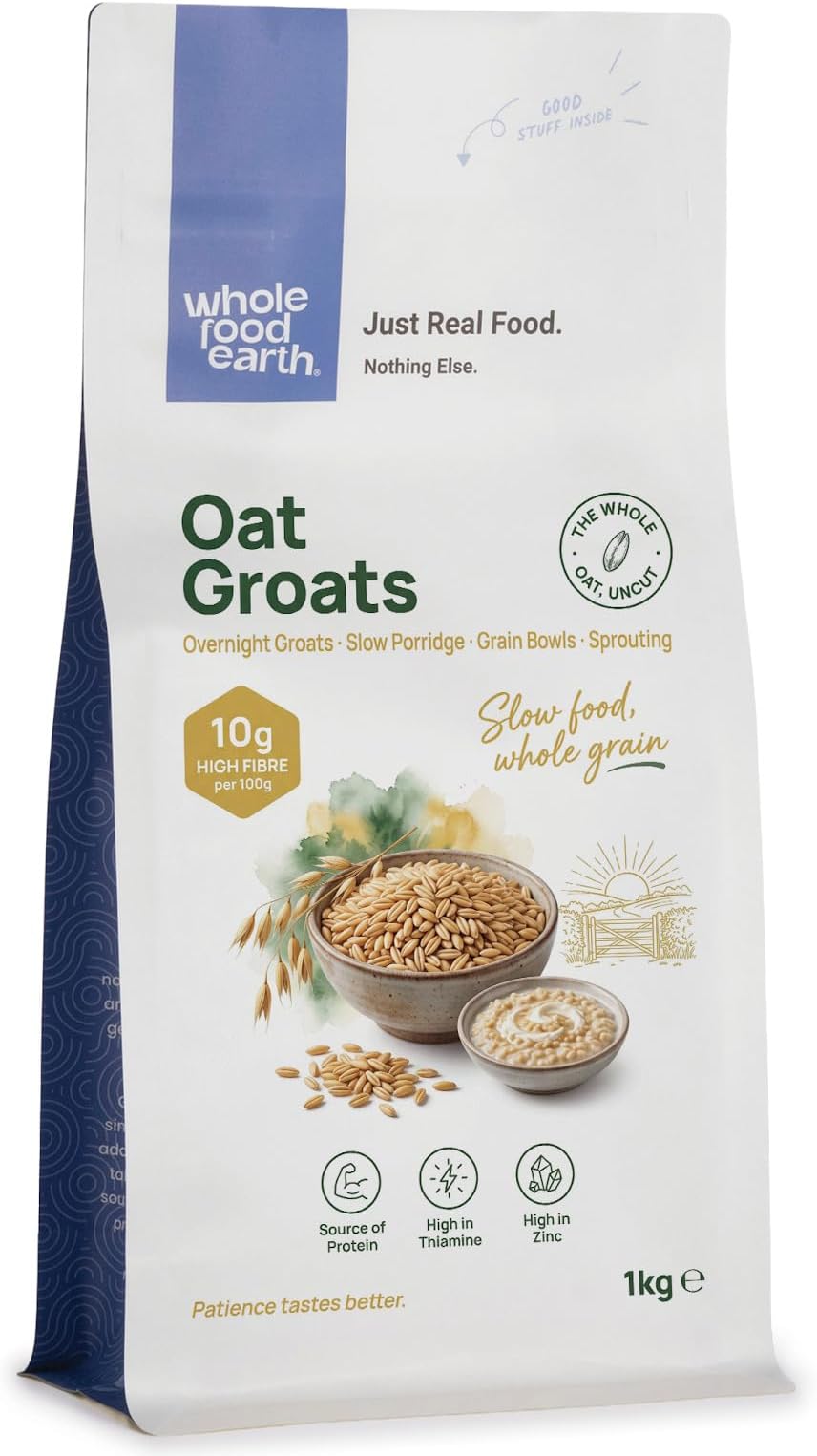 Wholefood Earth Oat Groats 1kg | Whole Grain Hulled Oats | GMO Free | Vegan | High in Fibre | for Porridge, Granola, Soups & Baking