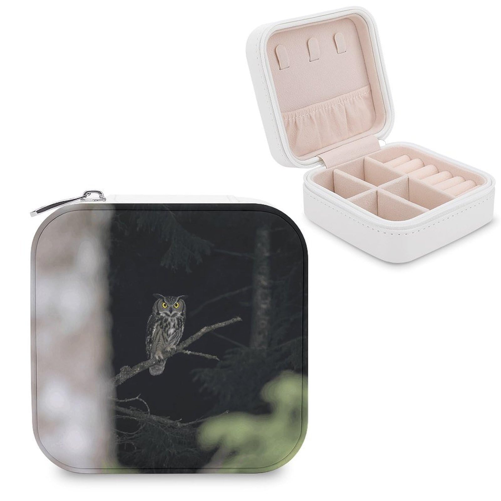 VstaDank Owl in The Night Jewelry Box for Women Jewelry Organizer Storage Case with Zipper Mini Travel Jewelry Case Cute Trinket Organizer Leather Portable Jewelry Storage Box