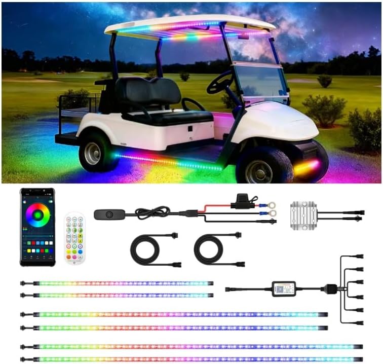 2 Pcs RGB+IC Golf Cart Canopy Lights Strip, 12V-80V Dream Color Chasing Golf Cart Roof Light with Remote and APP Control, Voltage Reducer Included, Music Sync for EZGO Yamaha Club Car